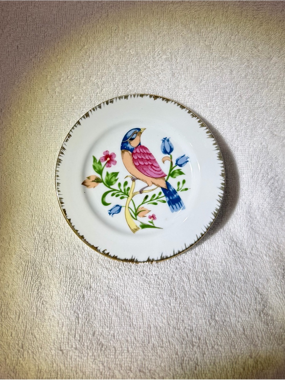 Vintage Floral Bird Porcelain Plate Gold Trim Decorative China